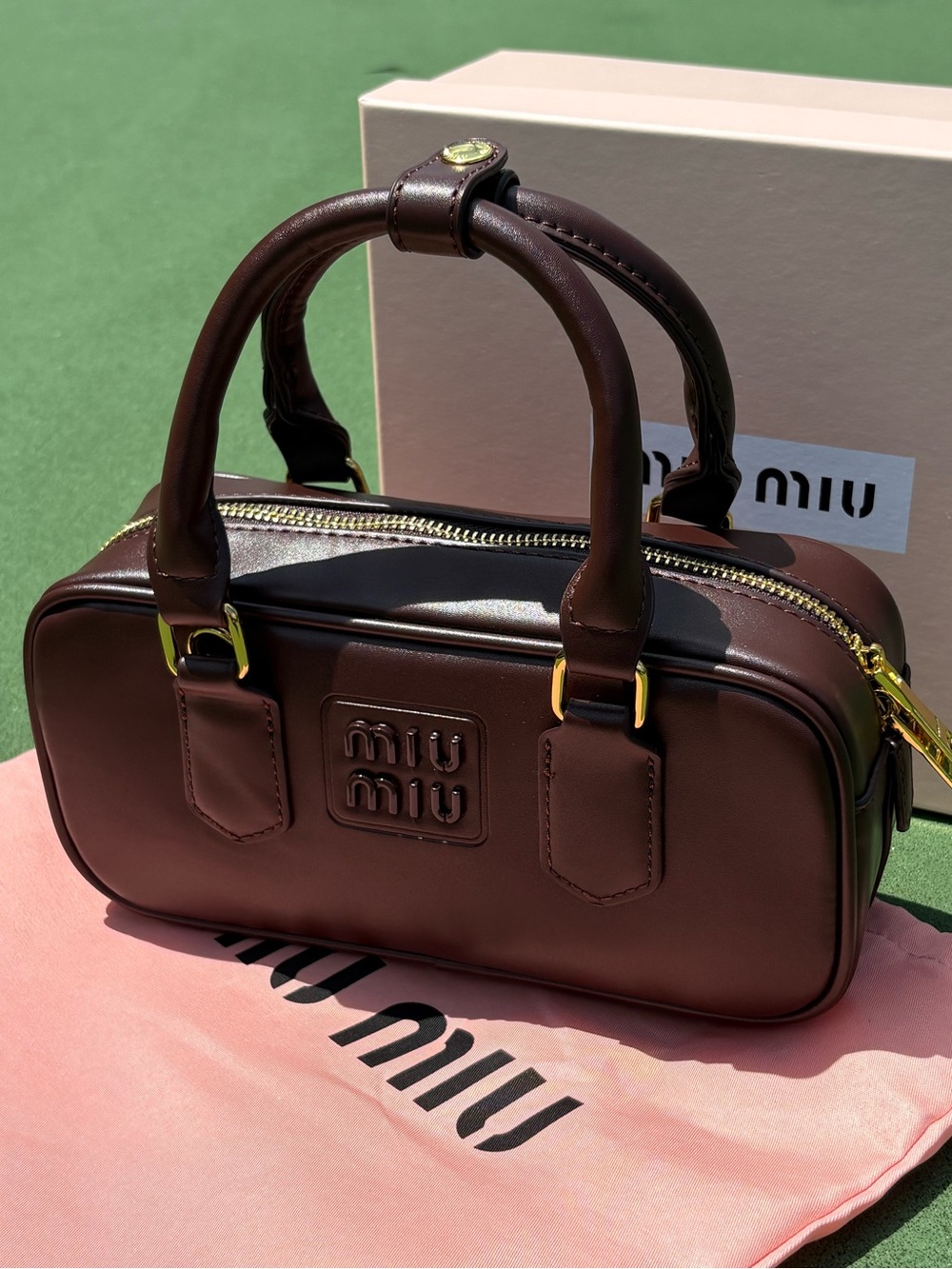 Miu Miu Dark Brown Chocolate Leather Bowling Bag with Gold Hardware